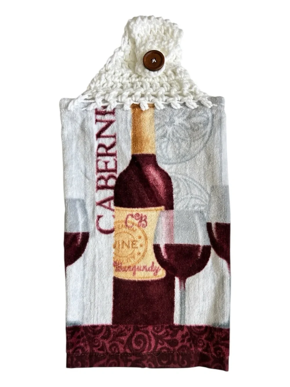 Hand Crafted Cabernet Wine Hanging  Hand Towels with Burgundy and Gray Design